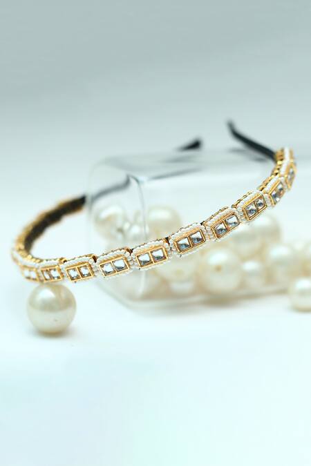 Foot Fuel_Gold Beads, Stones Geometric Embellished Broach Hairband _Online_at_Aza_Fashions