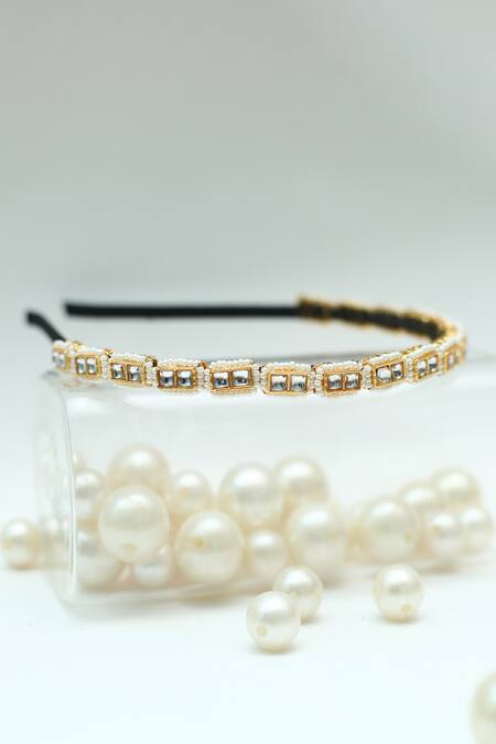 Shop_Foot Fuel_Gold Beads, Stones Geometric Embellished Broach Hairband _Online_at_Aza_Fashions