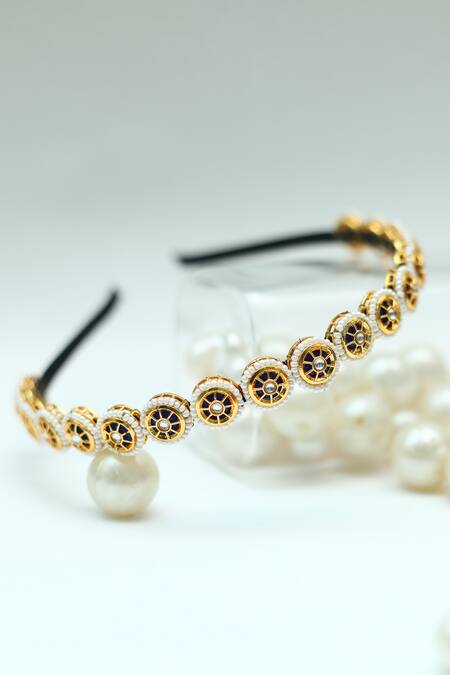 Foot Fuel_Gold Beads, Stones Circular Broach Embellished Hairband _Online_at_Aza_Fashions