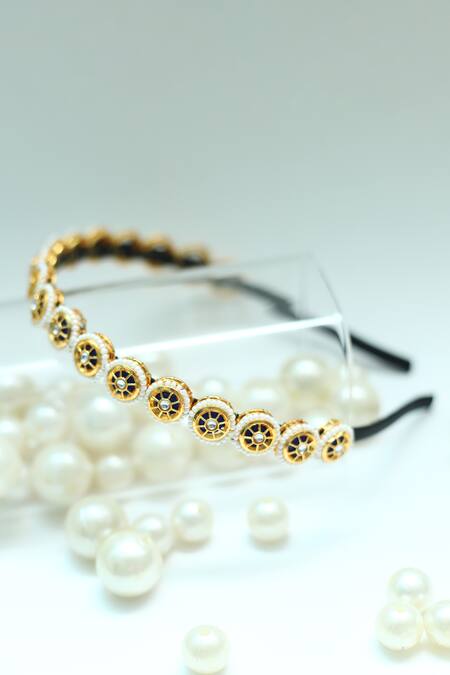 Shop_Foot Fuel_Gold Beads, Stones Circular Broach Embellished Hairband _Online_at_Aza_Fashions