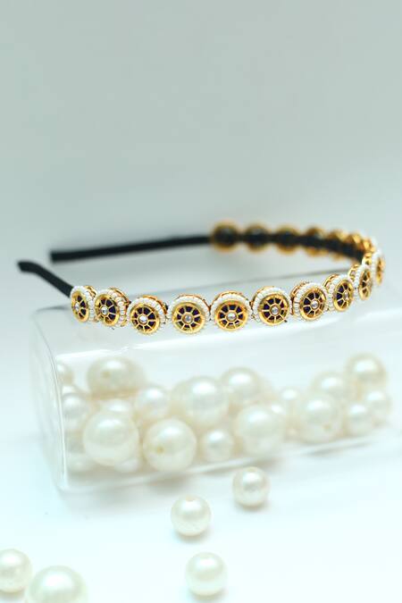 Foot Fuel_Gold Beads, Stones Circular Broach Embellished Hairband _at_Aza_Fashions