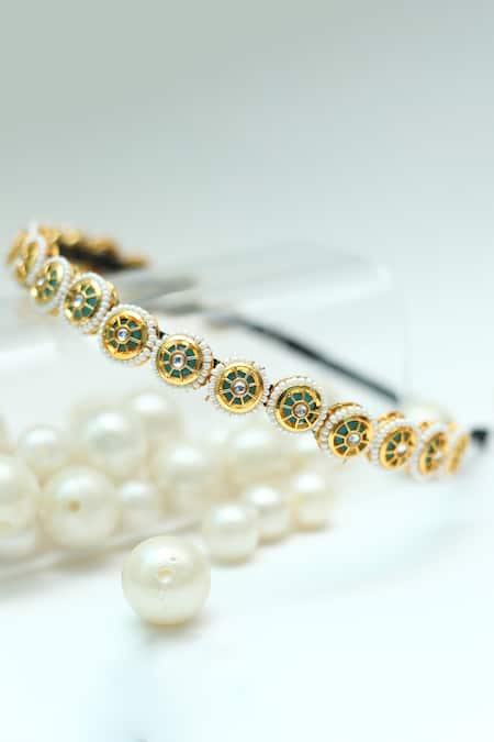 Shop_Foot Fuel_Gold Beads, Stones Circular Broach Studded Hairband _at_Aza_Fashions