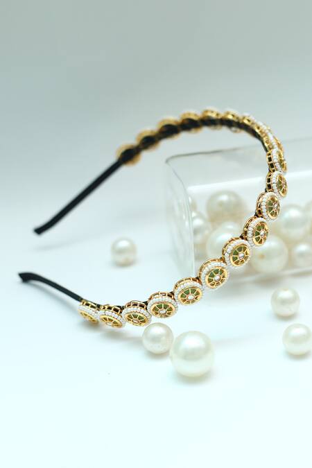 Shop Foot Fuel Gold Beads, Stones Circular Broach Studded Hairband Shop_Foot Fuel_Gold Beads, Stones Circular Broach Studded Hairband