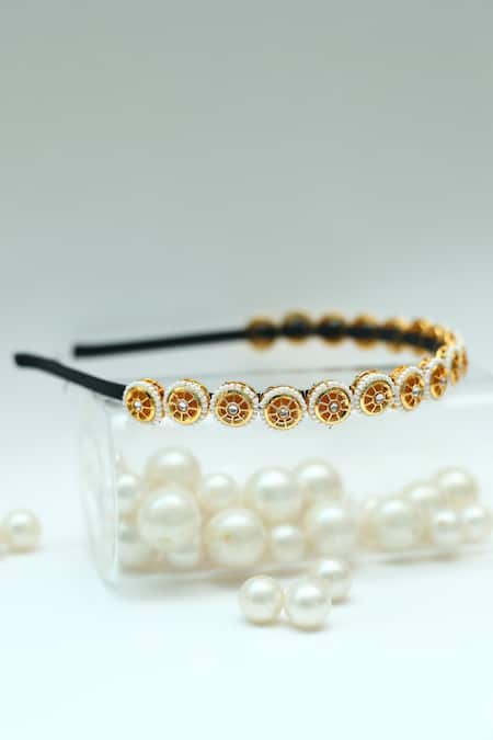 Shop_Foot Fuel_Gold Beads, Stones Round Broach Studded Hairband _at_Aza_Fashions