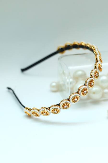 Foot Fuel_Gold Beads, Stones Round Broach Studded Hairband _Online_at_Aza_Fashions