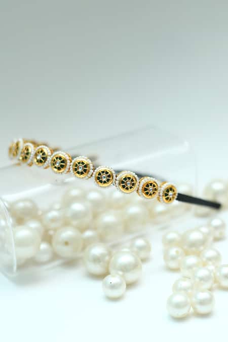 Shop_Foot Fuel_Gold Beads, Stones Circular Embellished Broach Hairband _at_Aza_Fashions