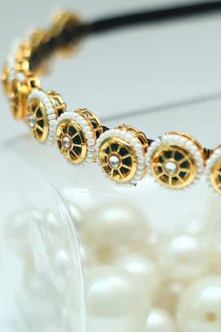 Foot Fuel_Gold Beads, Stones Circular Embellished Broach Hairband _Online_at_Aza_Fashions