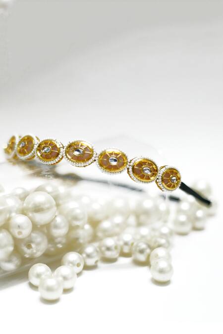 Buy_Foot Fuel_Gold Beads, Stones Embellished Oval Broach Hairband _Online_at_Aza_Fashions