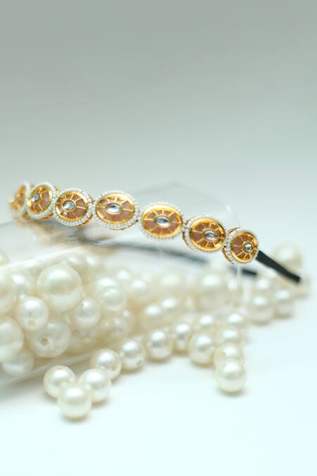 Shop_Foot Fuel_Gold Beads, Stones Embellished Oval Broach Hairband _Online_at_Aza_Fashions