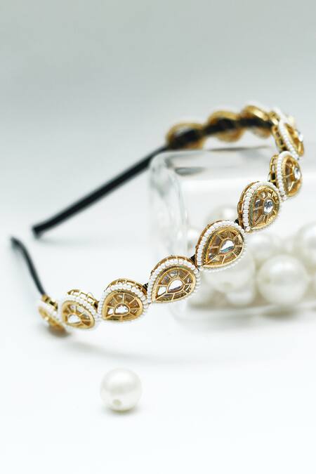 Foot Fuel_Gold Beads, Stones Embellished Teardrop Broach Hairband _Online_at_Aza_Fashions