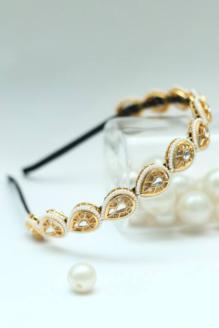 Buy_Foot Fuel_Gold Beads, Stones Embellished Teardrop Broach Hairband _Online_at_Aza_Fashions