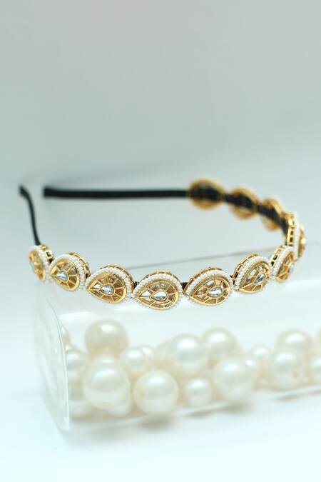 Shop_Foot Fuel_Gold Beads, Stones Embellished Teardrop Broach Hairband _Online_at_Aza_Fashions