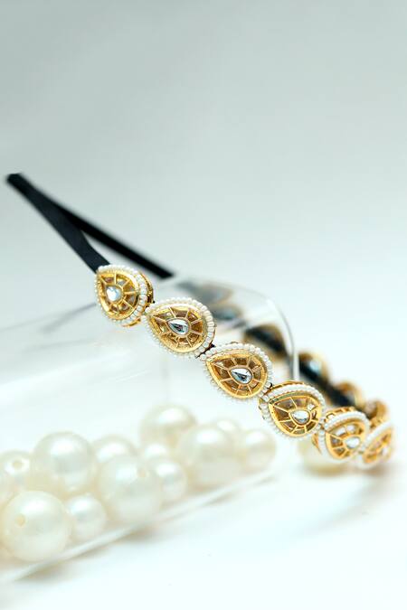Foot Fuel_Gold Beads, Stones Embellished Teardrop Broach Hairband _at_Aza_Fashions