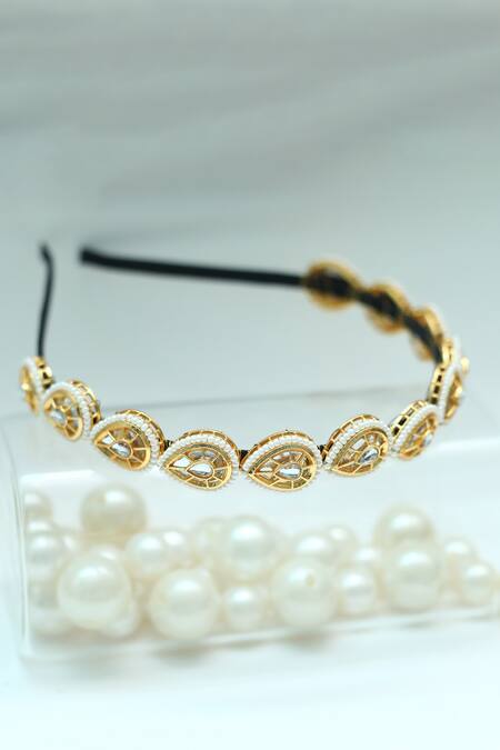 Buy_Foot Fuel_Gold Beads, Stones Embellished Teardrop Broach Hairband 