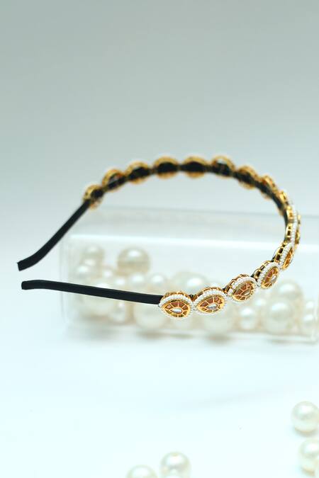 Buy_Foot Fuel_Gold Beads, Stones Teardrop Embellished Broach Hairband _Online_at_Aza_Fashions