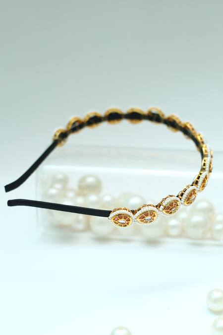 Shop_Foot Fuel_Gold Beads, Stones Teardrop Embellished Broach Hairband _Online_at_Aza_Fashions