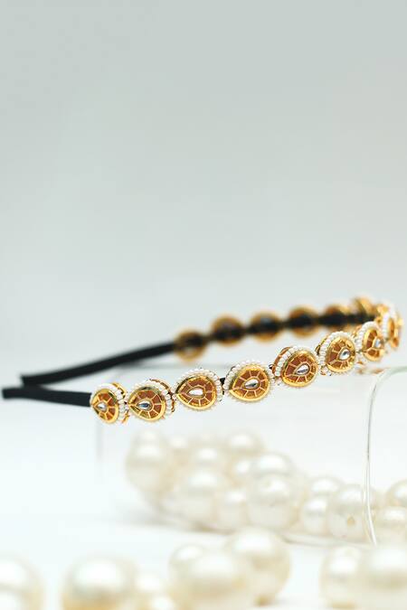 Foot Fuel_Gold Beads, Stones Teardrop Embellished Broach Hairband _at_Aza_Fashions