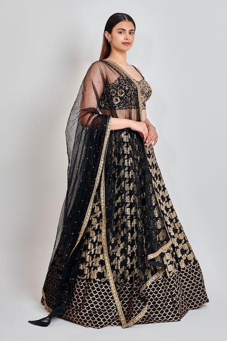 Meenagurnam_Black Jacquard, Net Sequins, Embroidery, Bloom Garden Lehenga Blouse Set _Online_at_Aza_Fashions