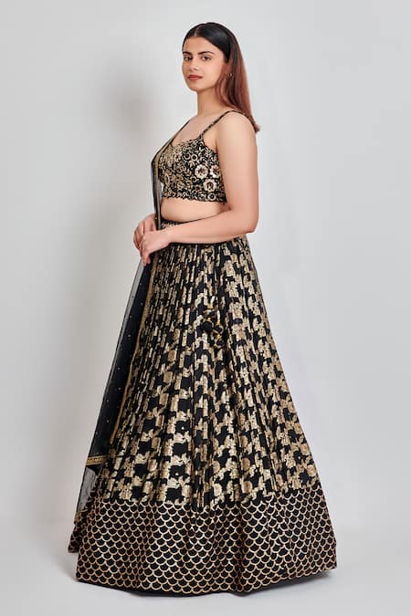 Buy_Meenagurnam_Black Jacquard, Net Sequins, Embroidery, Bloom Garden Lehenga Blouse Set _Online_at_Aza_Fashions