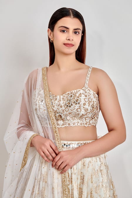 Shop_Meenagurnam_Ivory Jacquard Embroidery Bloom Garden Sweetheart Neck Lehenga Set _Online_at_Aza_Fashions
