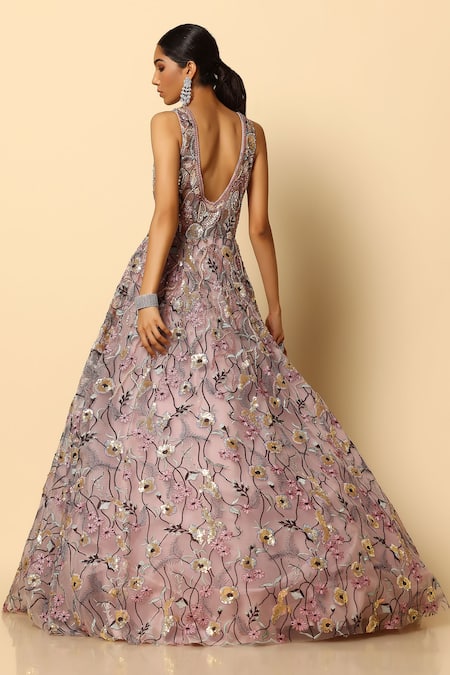 Shop Meenagurnam Pink Net Flora Sequin V Neck Gown at Aza Fashions Shop_Meenagurnam_Pink Net Flora Sequin V Neck Gown_at_Aza_Fashions
