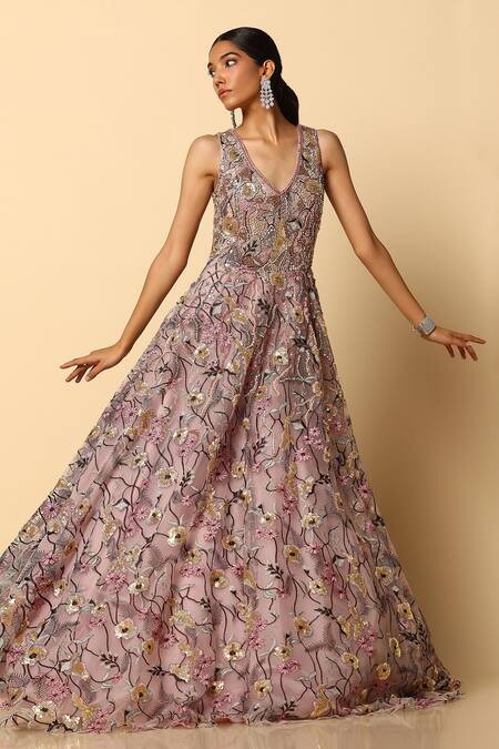 Meenagurnam Pink Net Flora Sequin V Neck Gown Online at Aza Fashions Meenagurnam_Pink Net Flora Sequin V Neck Gown_Online_at_Aza_Fashions