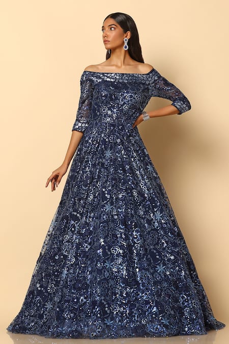 MeenaGurnam Midnight Sequin Bloom Embellished Gown 