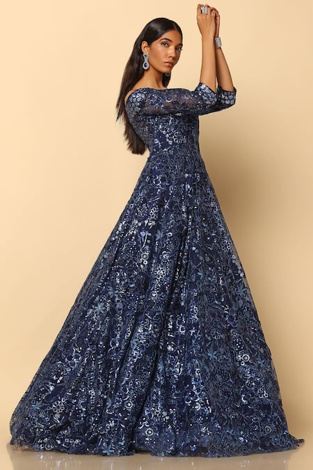 Buy_Meenagurnam_Blue Net Sequins Off-shoulder Midnight Bloom Embellished Gown _Online_at_Aza_Fashions