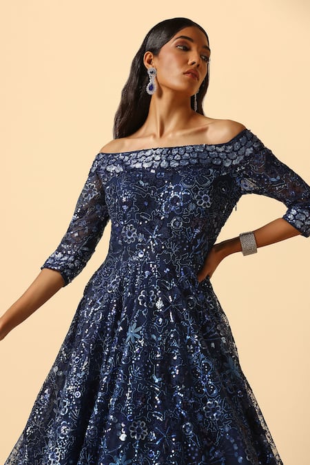 Shop_Meenagurnam_Blue Net Sequins Off-shoulder Midnight Bloom Embellished Gown _Online_at_Aza_Fashions