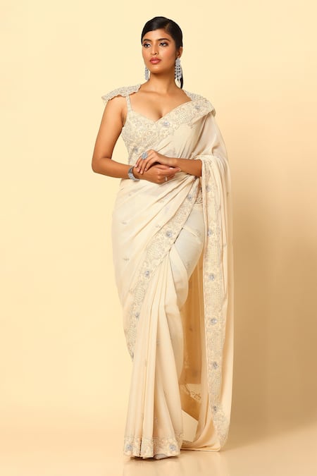 Meenagurnam Ivory Shimmer Chinnon Embroidery Tonal Floral Beaded Border Saree With Blouse