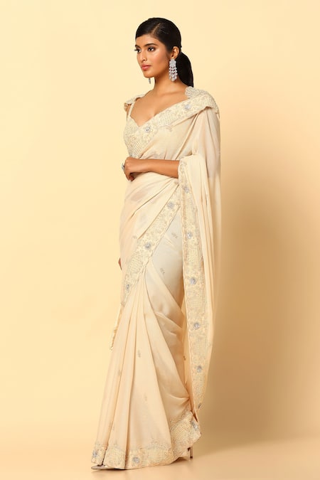 Buy Meenagurnam Ivory Shimmer Chinnon Embroidery Tonal Floral Beaded Border Saree With Blouse Online at Aza Fashions Buy_Meenagurnam_Ivory Shimmer Chinnon Embroidery Tonal Floral Beaded Border Saree With Blouse _Online_at_Aza_Fashions