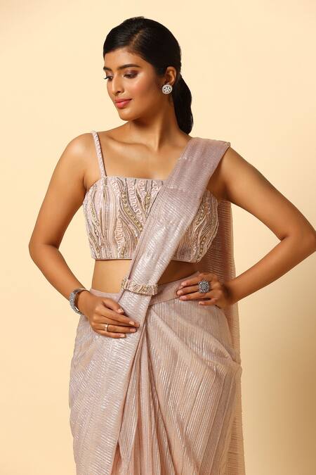 Shop Meenagurnam Pink Lycra, Net Embroidery Square Neck Shimmer Pre-draped Saree With Blouse Online at Aza Fashions Shop_Meenagurnam_Pink Lycra, Net Embroidery Square Neck Shimmer Pre-draped Saree With Blouse _Online_at_Aza_Fashions