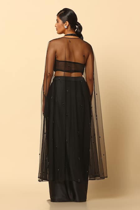 Meenagurnam Black Satin, Net Beads V-neck Embellished Cape Draped Skirt Set Online at Aza Fashions Meenagurnam_Black Satin, Net Beads V-neck Embellished Cape Draped Skirt Set _Online_at_Aza_Fashions