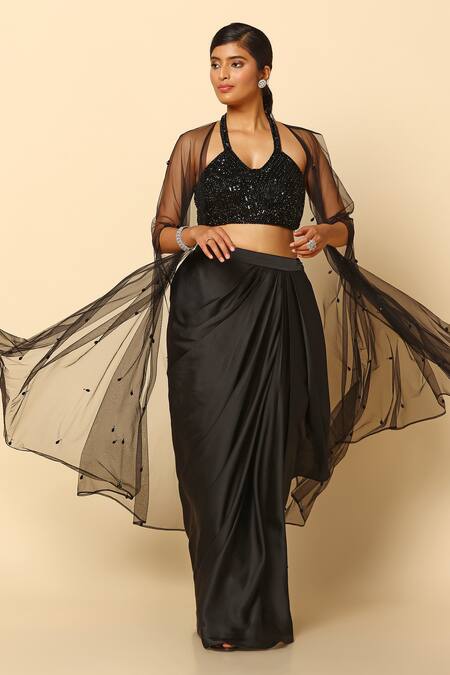 Buy Meenagurnam Black Satin, Net Beads V-neck Embellished Cape Draped Skirt Set Online at Aza Fashions Buy_Meenagurnam_Black Satin, Net Beads V-neck Embellished Cape Draped Skirt Set _Online_at_Aza_Fashions