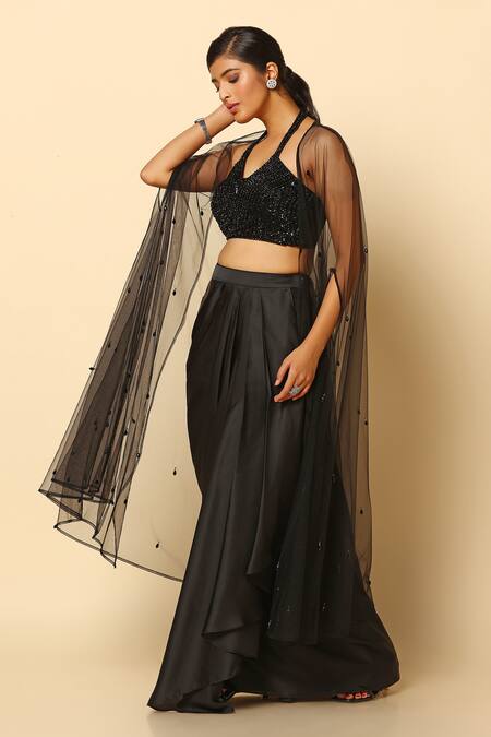 Shop Meenagurnam Black Satin, Net Beads V-neck Embellished Cape Draped Skirt Set Online at Aza Fashions Shop_Meenagurnam_Black Satin, Net Beads V-neck Embellished Cape Draped Skirt Set _Online_at_Aza_Fashions