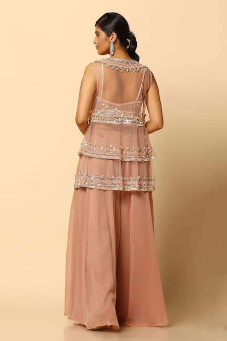 Meenagurnam Brown Viscose, Organza, Net Sequins, Beads, Embroidery And Jacket Sharara Set Online at Aza Fashions Meenagurnam_Brown Viscose, Organza, Net Sequins, Beads, Embroidery And Jacket Sharara Set _Online_at_Aza_Fashions