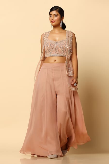 Shop Meenagurnam Brown Viscose, Organza, Net Sequins, Beads, Embroidery And Jacket Sharara Set Online at Aza Fashions Shop_Meenagurnam_Brown Viscose, Organza, Net Sequins, Beads, Embroidery And Jacket Sharara Set _Online_at_Aza_Fashions