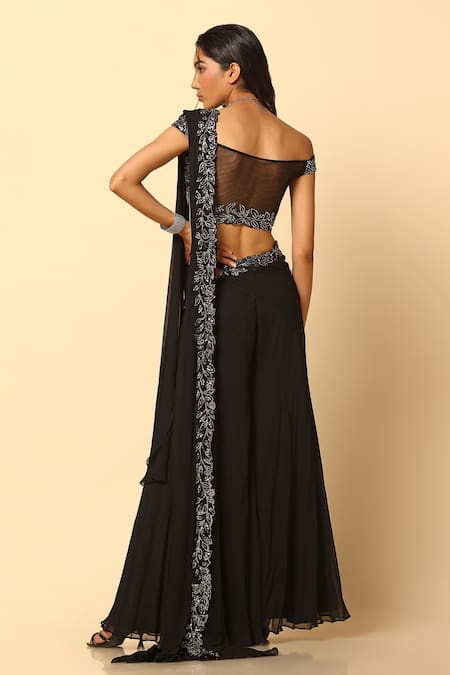 Meenagurnam Floral Hand Embroidered Sharara Saree With Blouse 