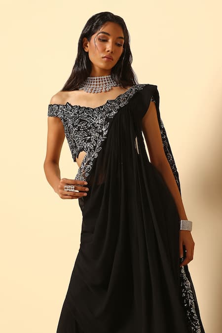 Shop Meenagurnam Black Viscose, Georgette, Net Embroidery Floral Hand Sharara Saree With Blouse Online at Aza Fashions Shop_Meenagurnam_Black Viscose, Georgette, Net Embroidery Floral Hand Sharara Saree With Blouse _Online_at_Aza_Fashions