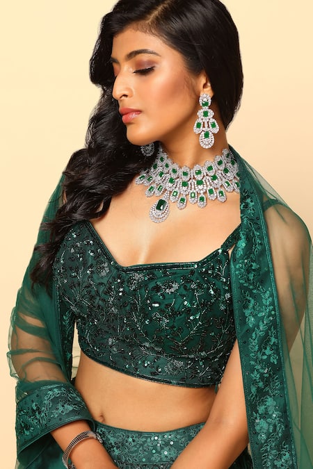Shop_Meenagurnam_Green Net Sequins, Embroidery Sweetheart Neck Lehenga Set _Online_at_Aza_Fashions