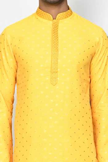 Buy_Arihant Rai Sinha_Yellow Pant Dupion Silk, Kurta Rangela Banarasi Leaf Embroidered And Set_Online_at_Aza_Fashions