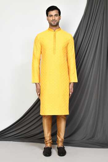 Shop_Arihant Rai Sinha_Yellow Pant Dupion Silk, Kurta Rangela Banarasi Leaf Embroidered And Set_Online_at_Aza_Fashions
