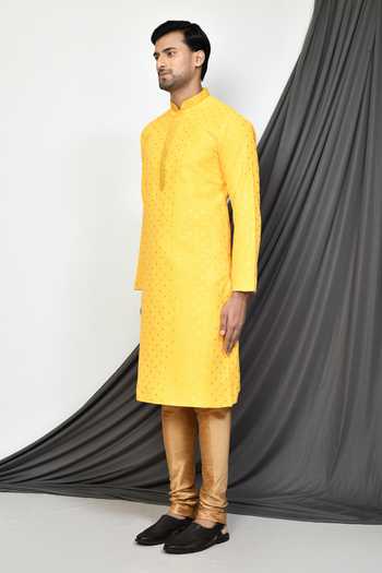 Arihant Rai Sinha_Yellow Pant Dupion Silk, Kurta Rangela Banarasi Leaf Embroidered And Set_at_Aza_Fashions