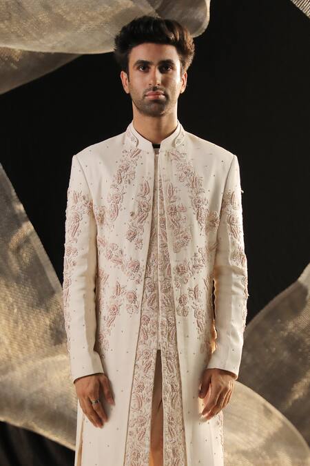 Ankur J_Cream Sherwani Moss Crepe Embroidered Zardozi Set _Online_at_Aza_Fashions