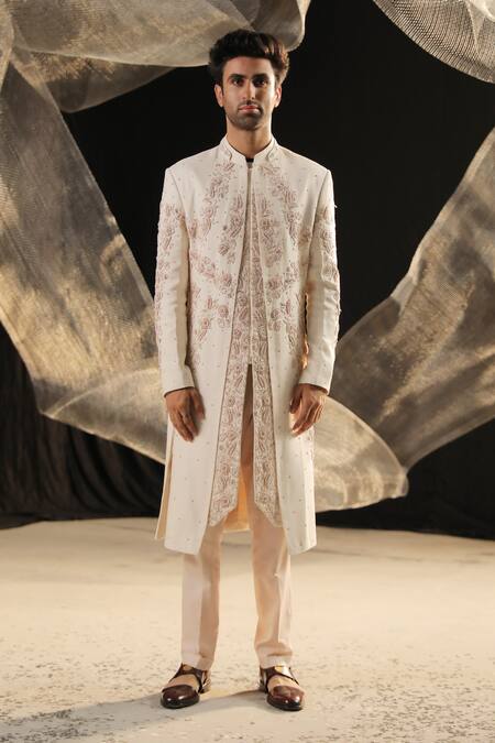 Buy_Ankur J_Cream Sherwani Moss Crepe Embroidered Zardozi Set _Online_at_Aza_Fashions