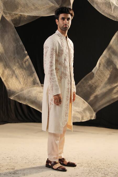 Shop_Ankur J_Cream Sherwani Moss Crepe Embroidered Zardozi Set _Online_at_Aza_Fashions