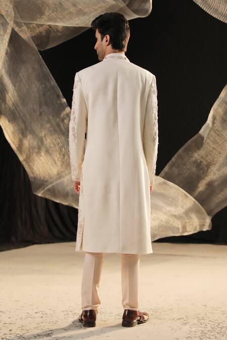 Ankur J_Cream Sherwani Moss Crepe Embroidered Zardozi Set _at_Aza_Fashions