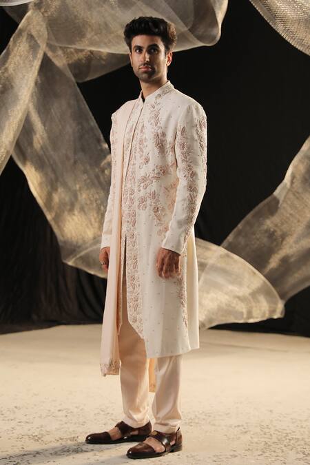 Buy_Ankur J_Cream Sherwani Moss Crepe Embroidered Zardozi Set 