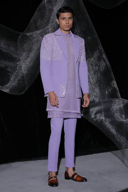 Ankur J_Purple Jacket And Pant Baribie Crepe Embroidered Bead Floral Kurta Set _Online_at_Aza_Fashions