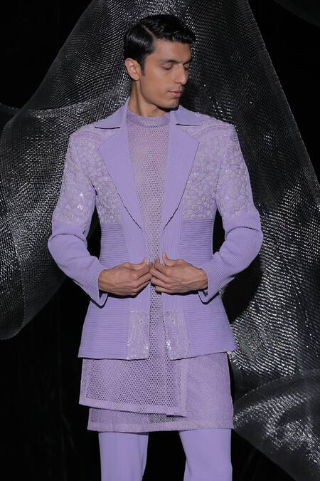 Buy_Ankur J_Purple Jacket And Pant Baribie Crepe Embroidered Bead Floral Kurta Set _Online_at_Aza_Fashions